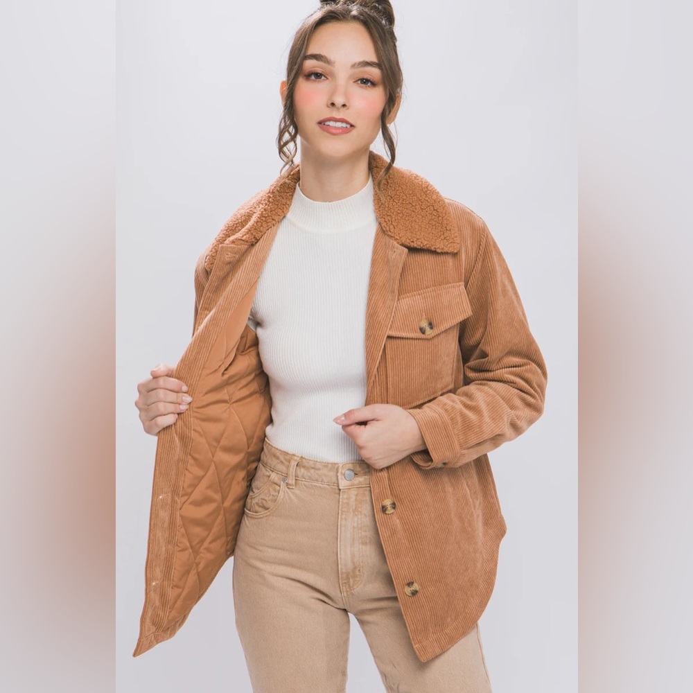 🍂Love Tree Corduroy Jacket Small Sherpa Collar Pockets Button Front Camel